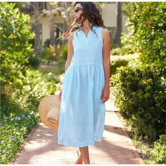 Frank & Eileen Daphne Sleeveless Popover Dress Blue White Stripe Linen Size XL - Picture 4 of 12